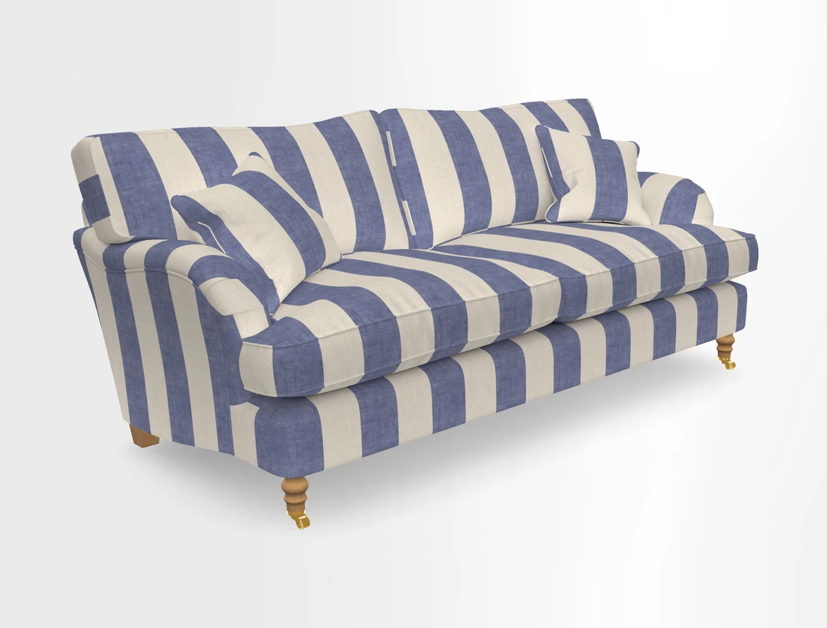 Alwinton 3 seater sofa in Ettas Stripe Moss with bolster cushion in Almost Plain Velvet Harvest