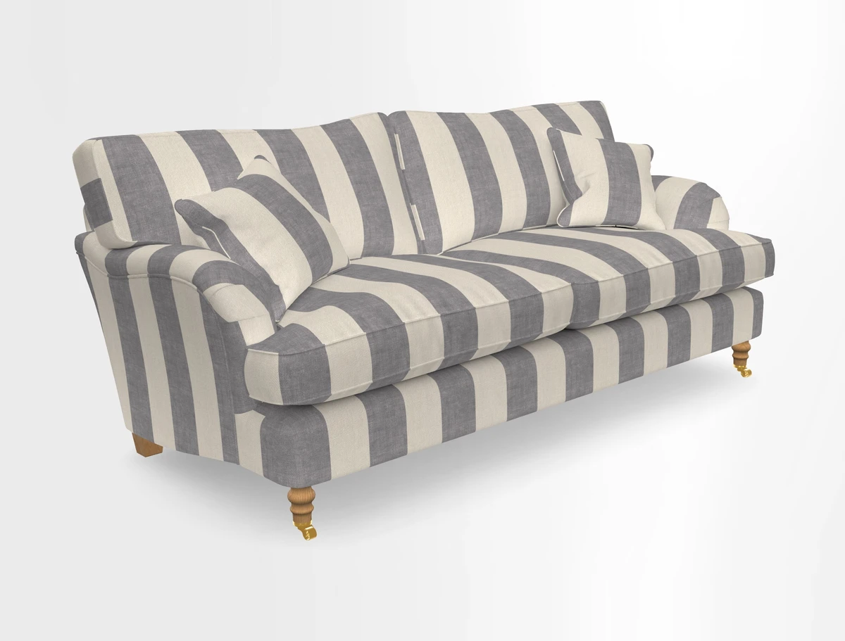 Alwinton 3 seater sofa in Ettas Stripe Moss with bolster cushion in Almost Plain Velvet Harvest