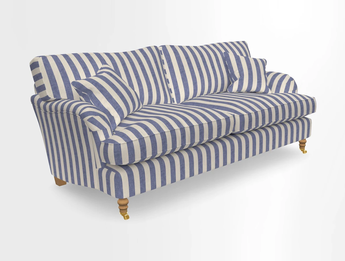 Alwinton 3 seater sofa in Ettas Stripe Moss with bolster cushion in Almost Plain Velvet Harvest