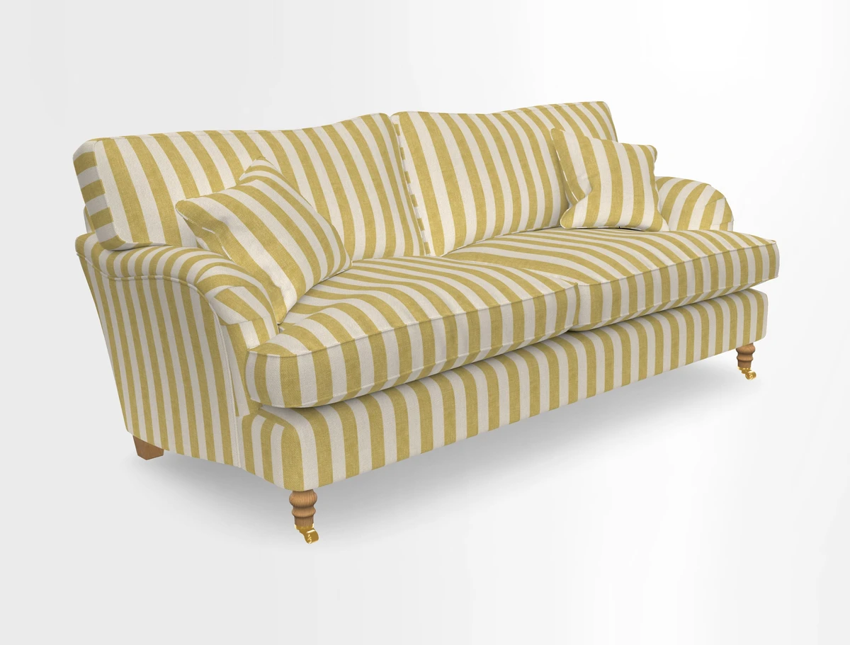 Alwinton 3 seater sofa in Ettas Stripe Moss with bolster cushion in Almost Plain Velvet Harvest