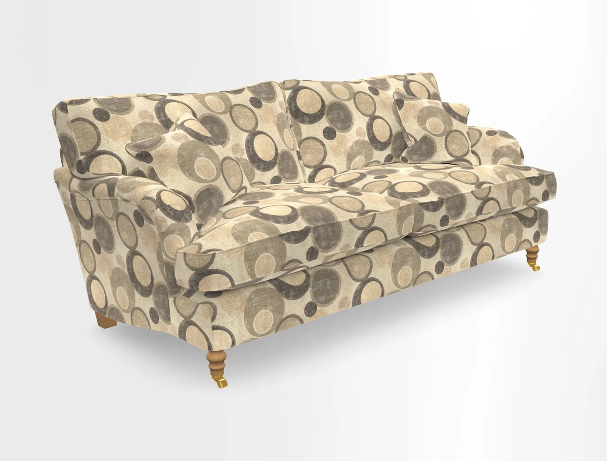 Alwinton 3 seater sofa in Ettas Stripe Moss with bolster cushion in Almost Plain Velvet Harvest