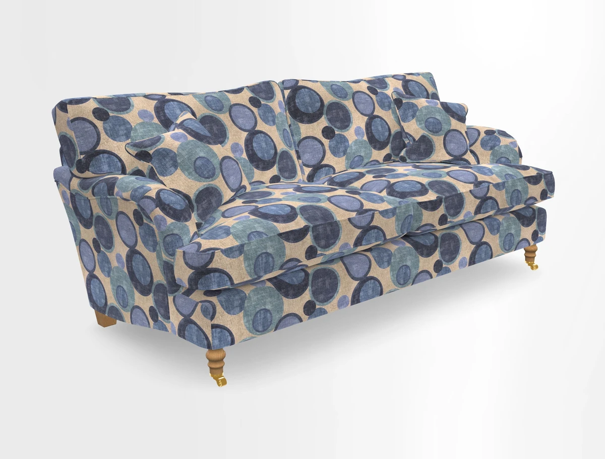 Alwinton 3 seater sofa in Ettas Stripe Moss with bolster cushion in Almost Plain Velvet Harvest