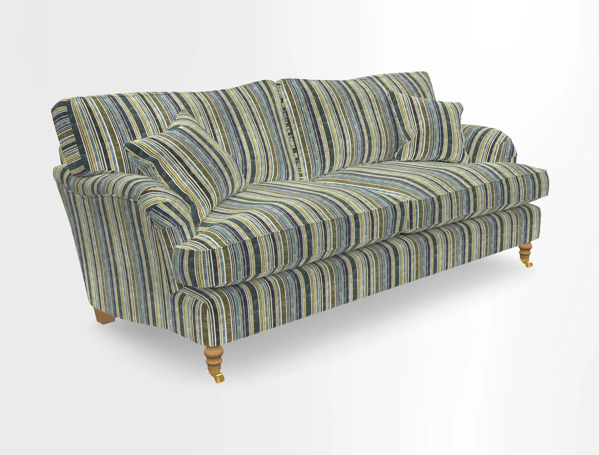 Alwinton 3 seater sofa in Ettas Stripe Moss with bolster cushion in Almost Plain Velvet Harvest