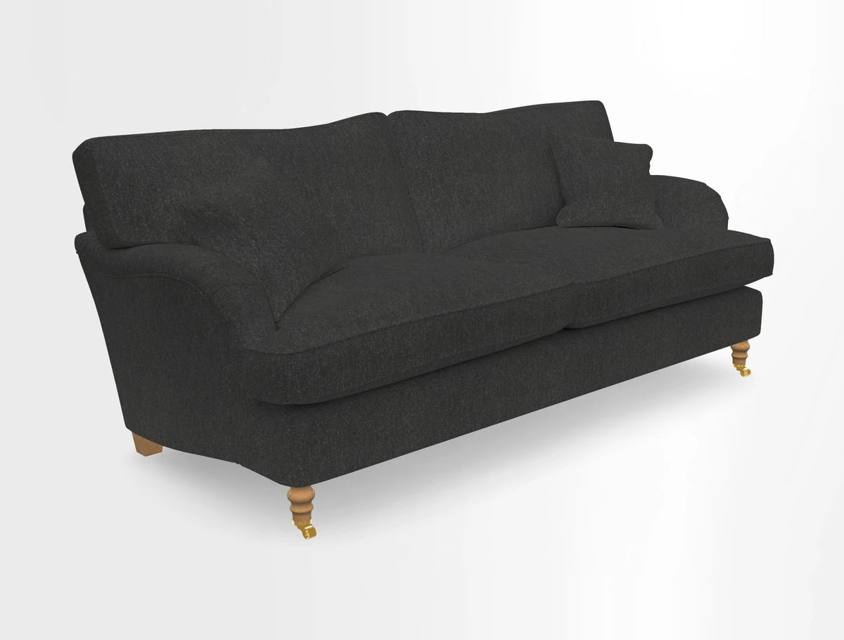 Alwinton 3 seater sofa in Ettas Stripe Moss with bolster cushion in Almost Plain Velvet Harvest