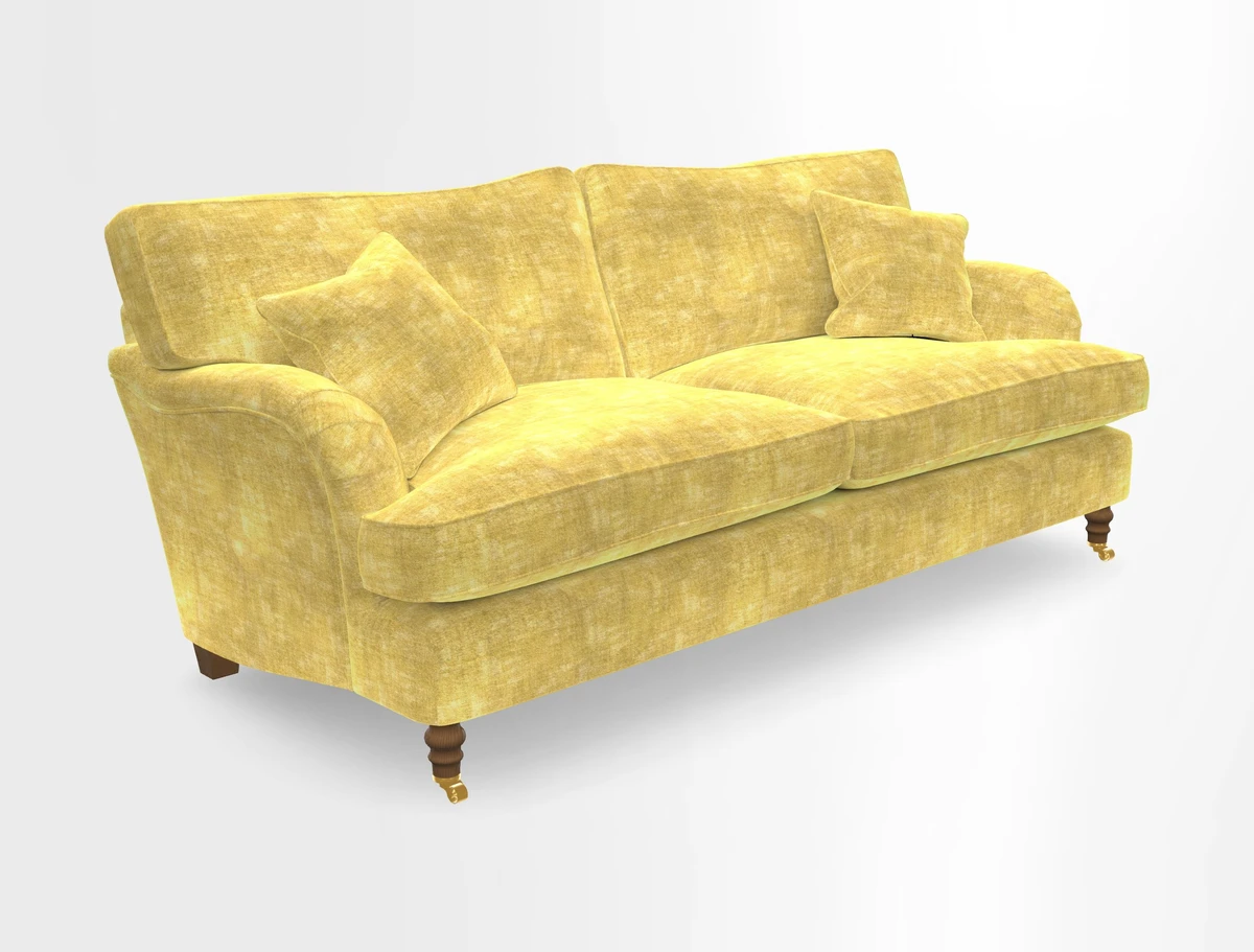 Alwinton 3 seater sofa in Ettas Stripe Moss with bolster cushion in Almost Plain Velvet Harvest