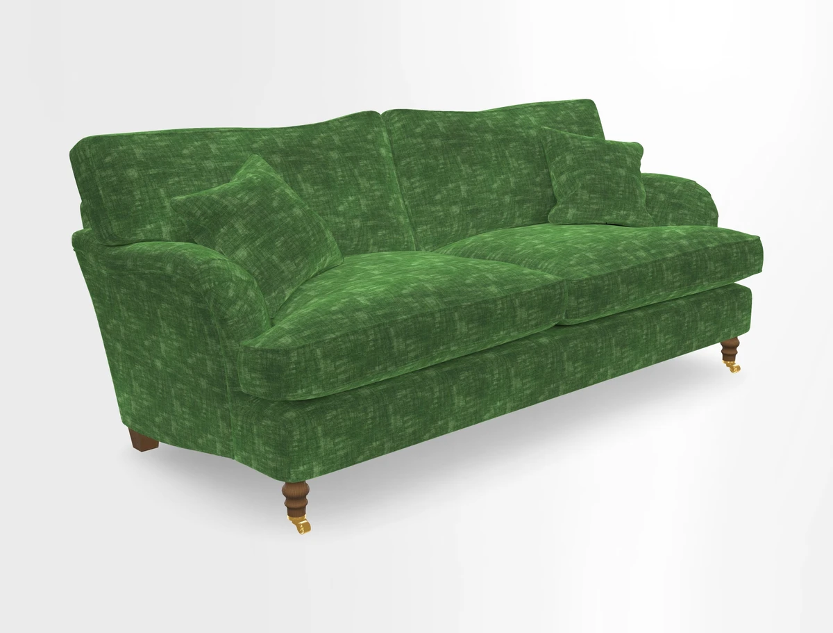 Alwinton 3 seater sofa in Ettas Stripe Moss with bolster cushion in Almost Plain Velvet Harvest