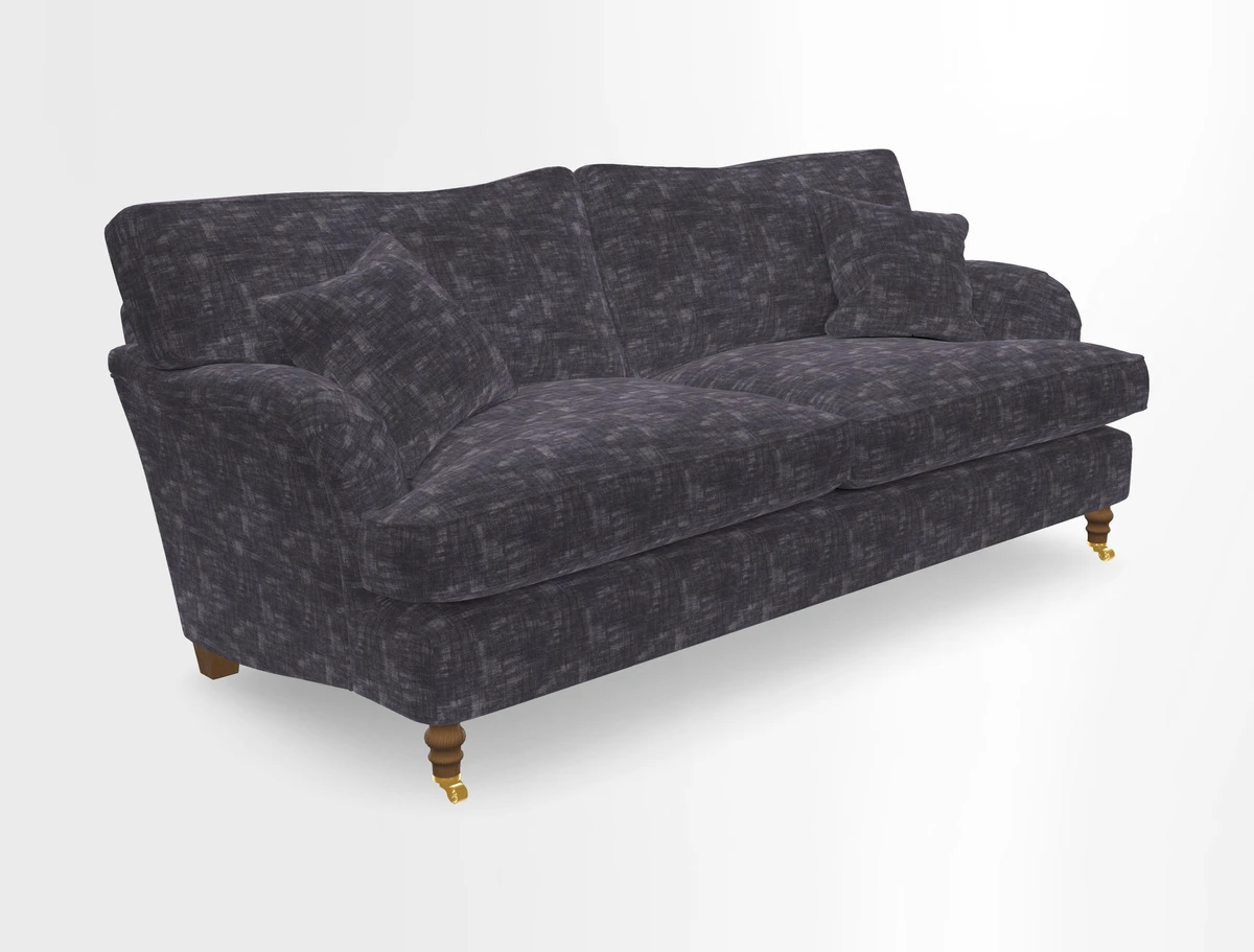Alwinton 3 seater sofa in Ettas Stripe Moss with bolster cushion in Almost Plain Velvet Harvest