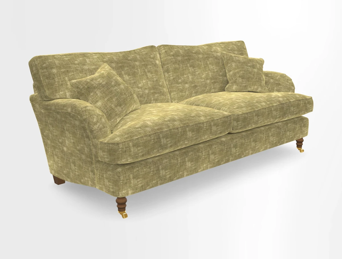 Alwinton 3 seater sofa in Ettas Stripe Moss with bolster cushion in Almost Plain Velvet Harvest
