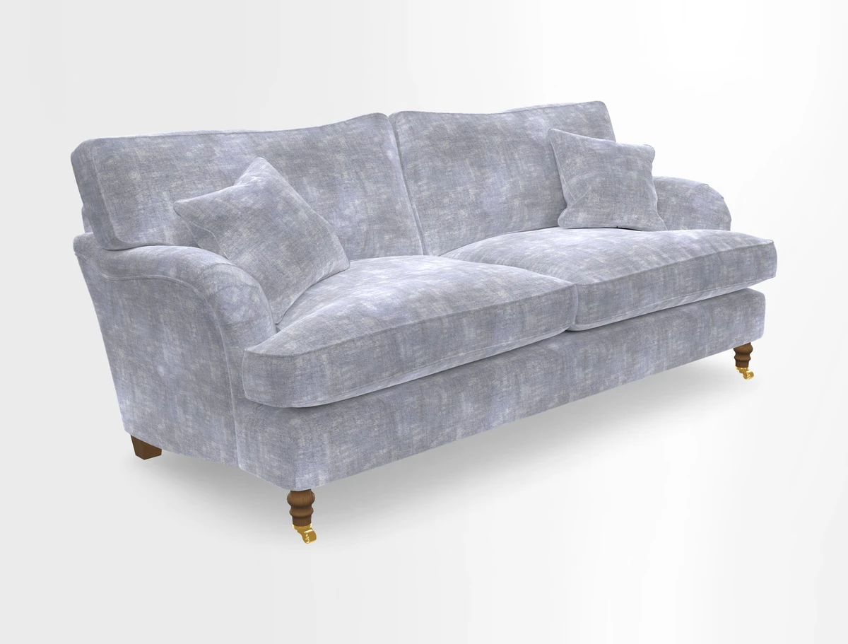 Alwinton 3 seater sofa in Ettas Stripe Moss with bolster cushion in Almost Plain Velvet Harvest