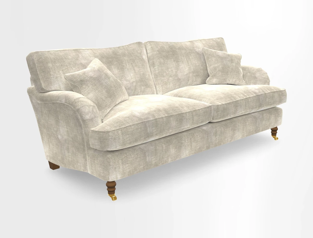 Alwinton 3 seater sofa in Ettas Stripe Moss with bolster cushion in Almost Plain Velvet Harvest