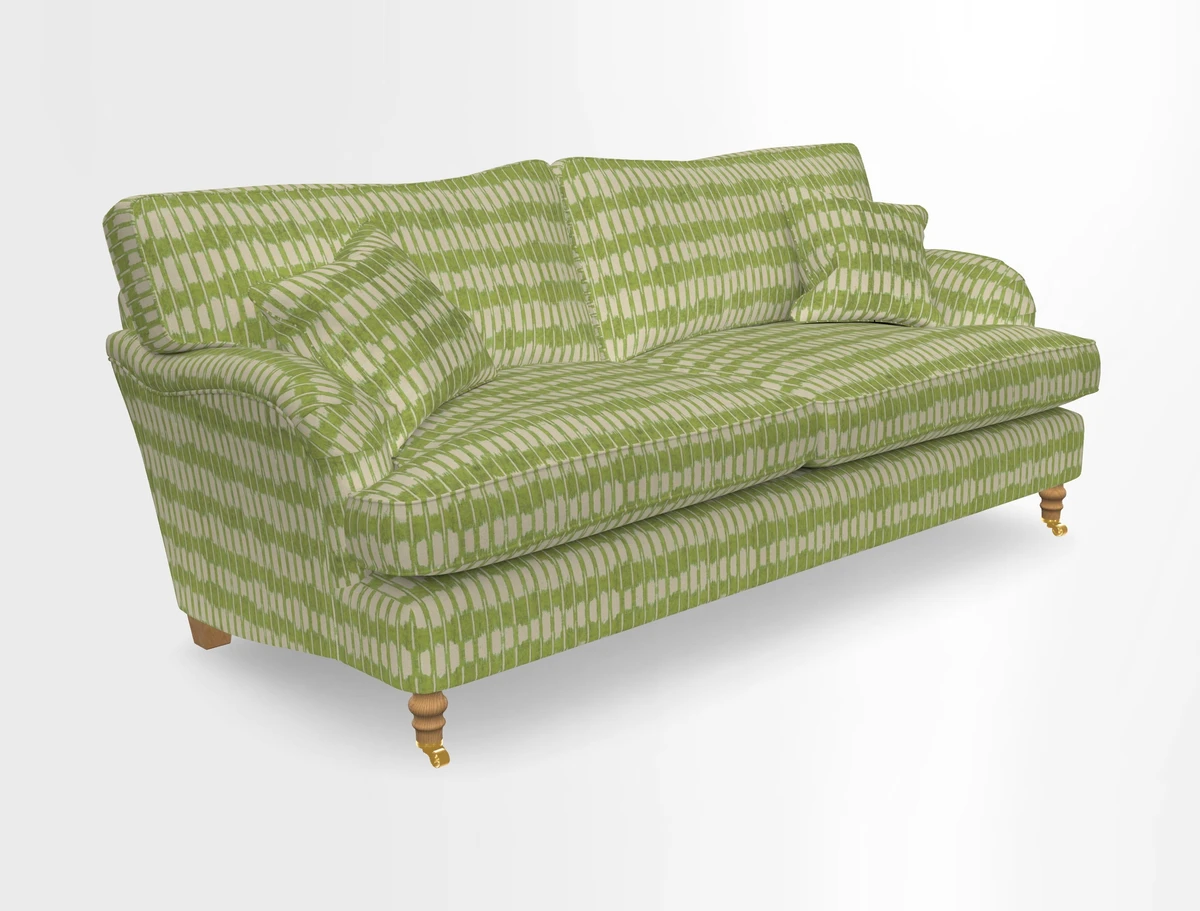 Alwinton 3 seater sofa in Ettas Stripe Moss with bolster cushion in Almost Plain Velvet Harvest