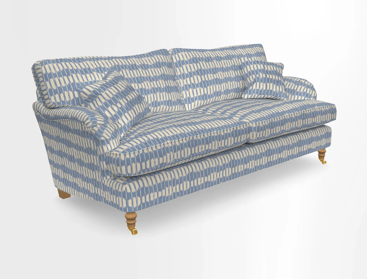 Alwinton 3 seater sofa in Ettas Stripe Moss with bolster cushion in Almost Plain Velvet Harvest