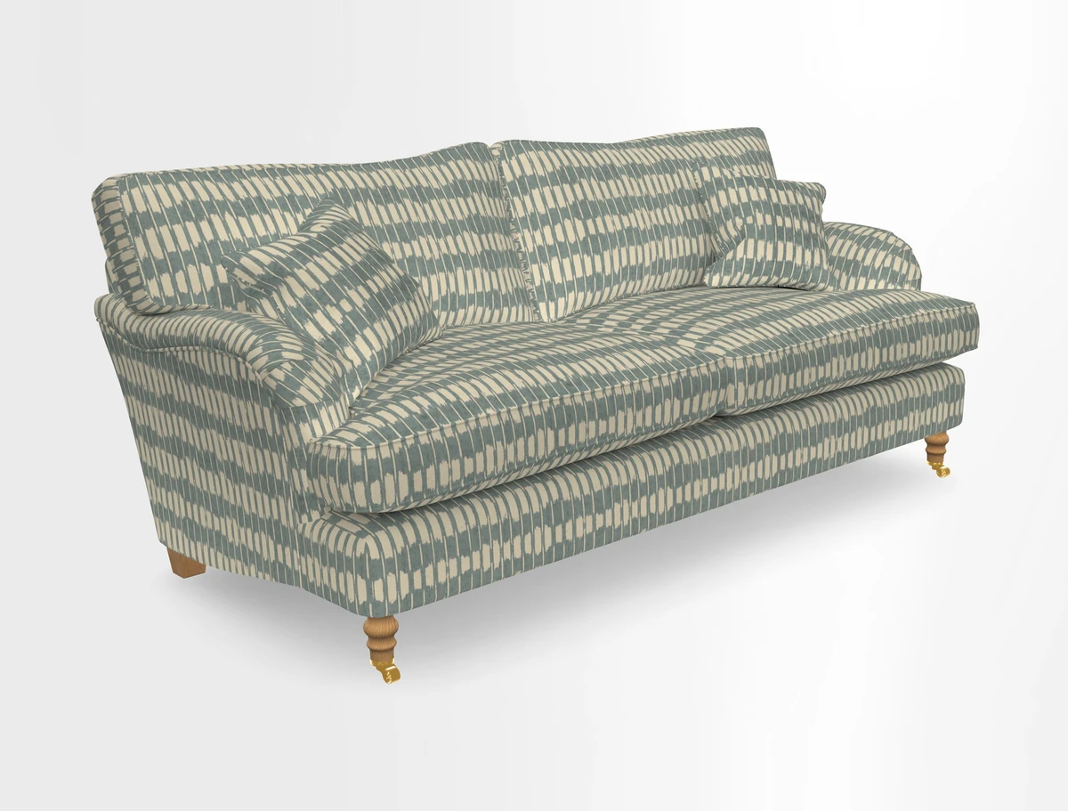 Alwinton 3 seater sofa in Ettas Stripe Moss with bolster cushion in Almost Plain Velvet Harvest