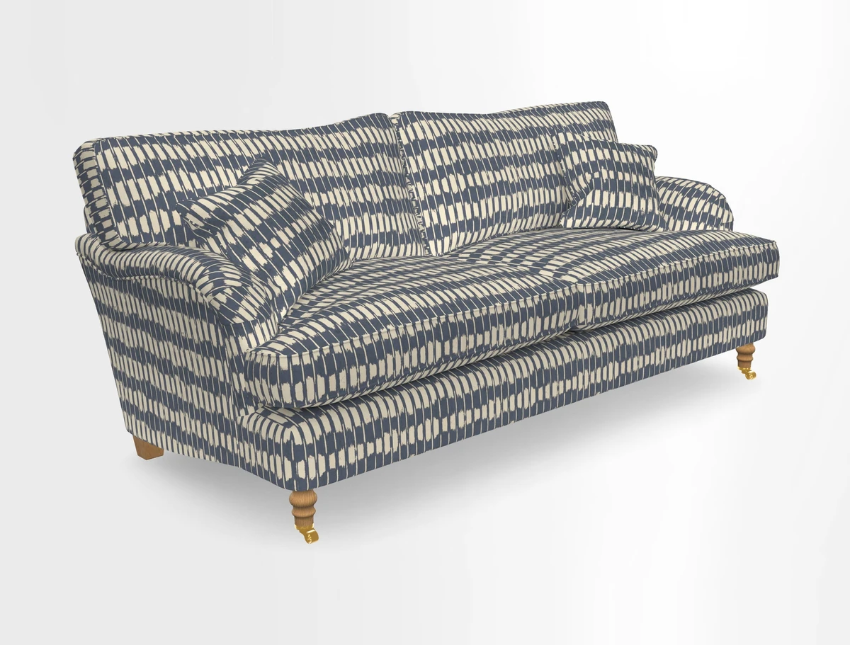 Alwinton 3 seater sofa in Ettas Stripe Moss with bolster cushion in Almost Plain Velvet Harvest
