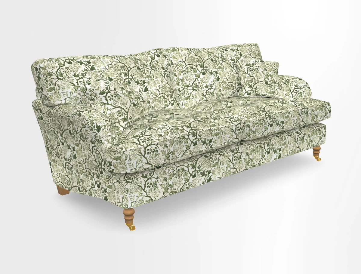 Alwinton 3 seater sofa in Ettas Stripe Moss with bolster cushion in Almost Plain Velvet Harvest