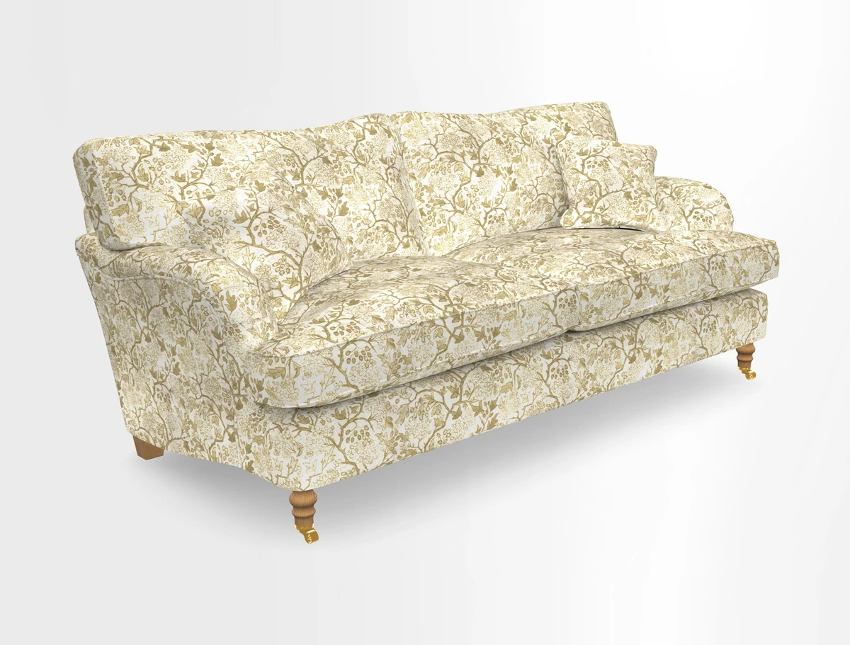 Alwinton 3 seater sofa in Ettas Stripe Moss with bolster cushion in Almost Plain Velvet Harvest