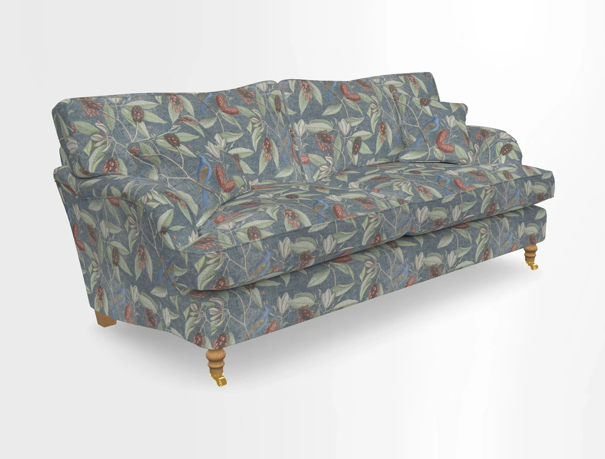 Alwinton 3 seater sofa in Ettas Stripe Moss with bolster cushion in Almost Plain Velvet Harvest