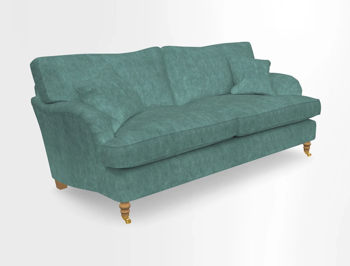 Alwinton 3 seater sofa in Ettas Stripe Moss with bolster cushion in Almost Plain Velvet Harvest