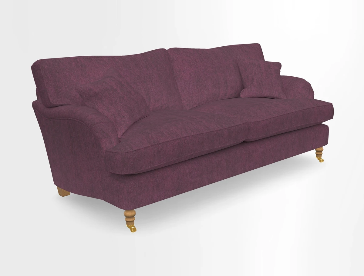Alwinton 3 seater sofa in Ettas Stripe Moss with bolster cushion in Almost Plain Velvet Harvest