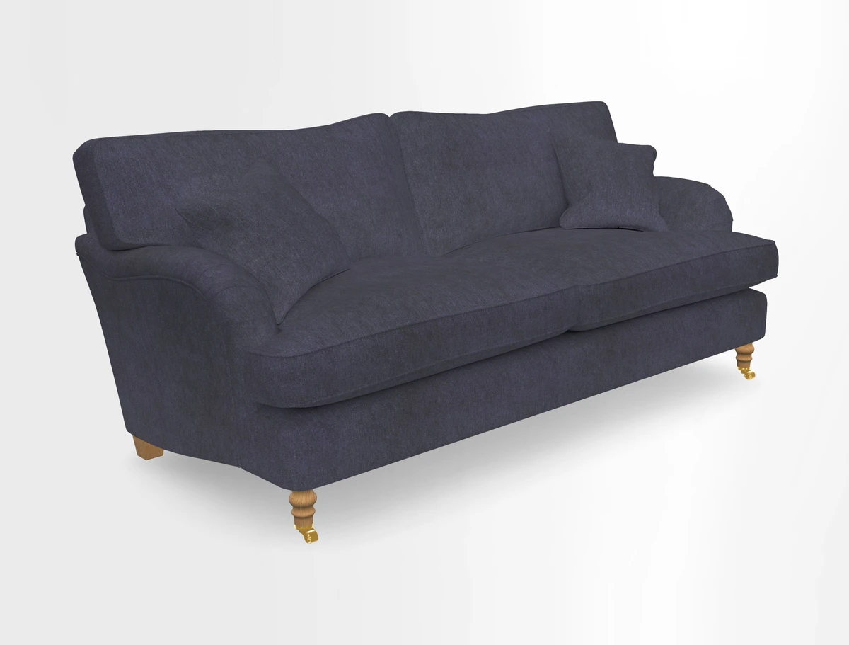 Alwinton 3 seater sofa in Ettas Stripe Moss with bolster cushion in Almost Plain Velvet Harvest