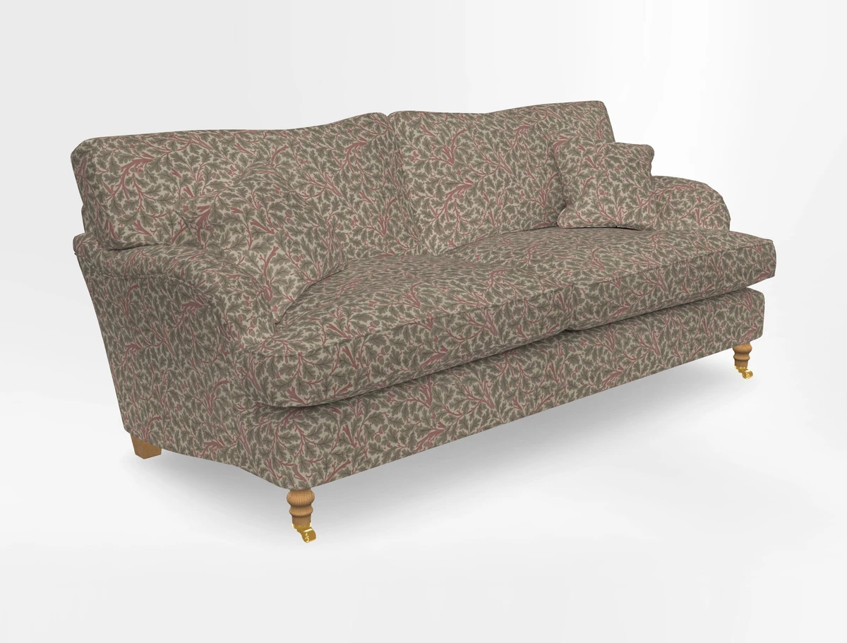 Alwinton 3 seater sofa in Ettas Stripe Moss with bolster cushion in Almost Plain Velvet Harvest