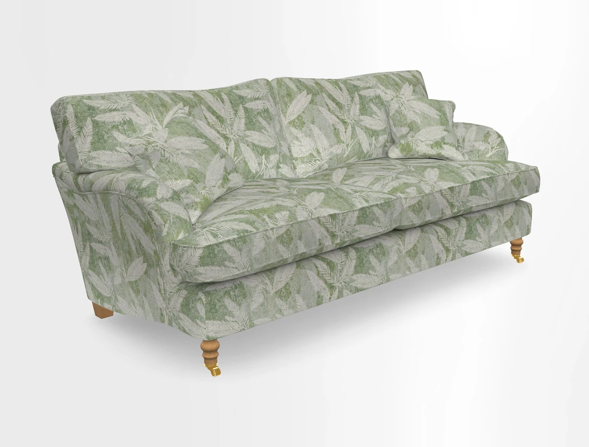 Alwinton 3 seater sofa in Ettas Stripe Moss with bolster cushion in Almost Plain Velvet Harvest