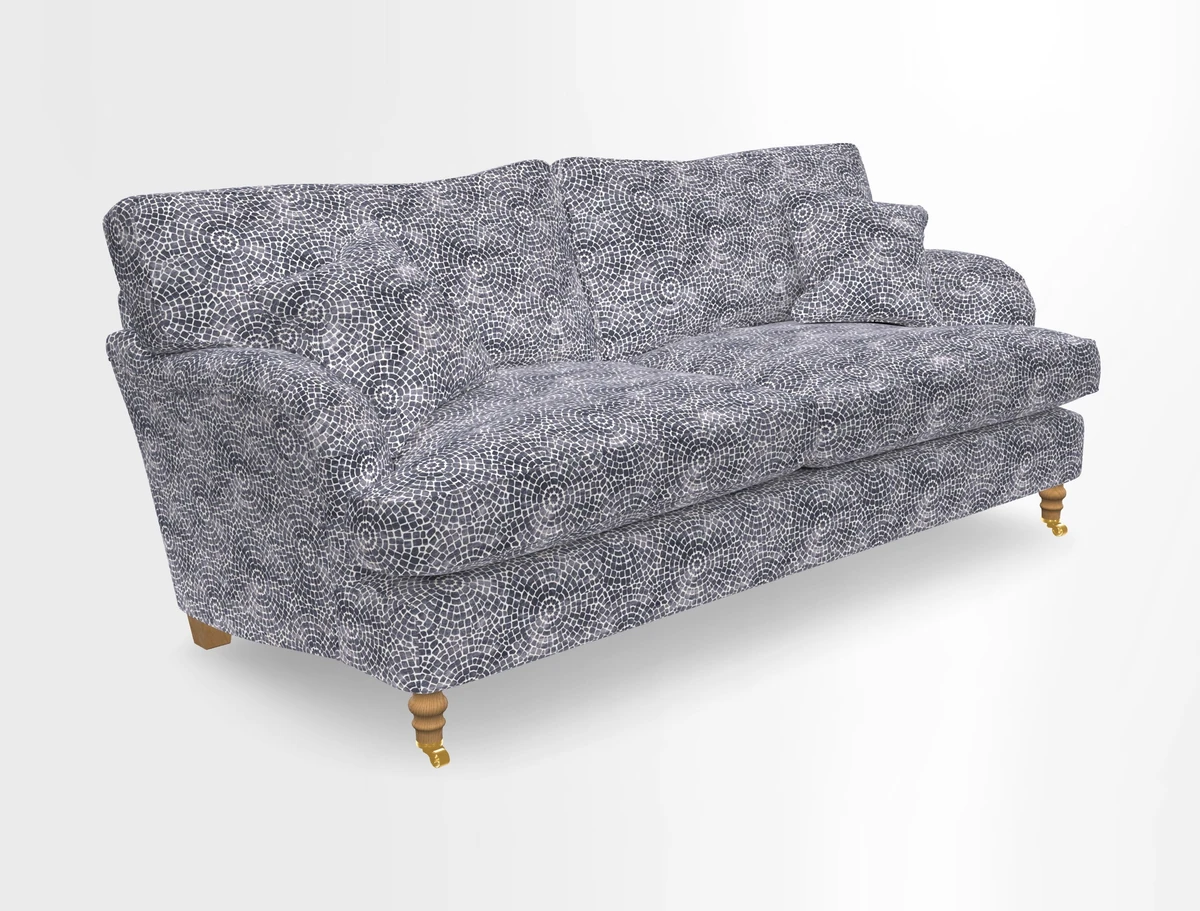 Alwinton 3 seater sofa in Ettas Stripe Moss with bolster cushion in Almost Plain Velvet Harvest