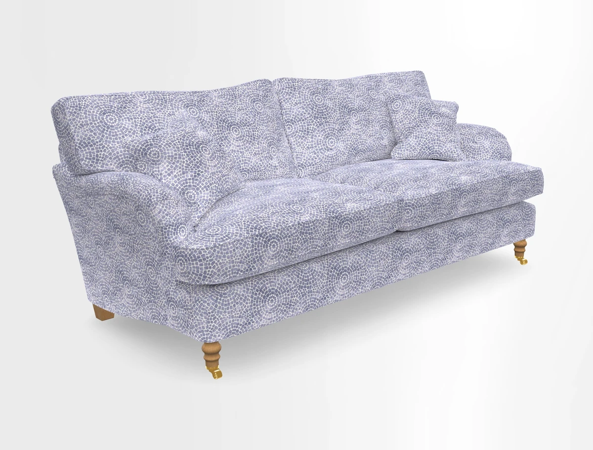 Alwinton 3 seater sofa in Ettas Stripe Moss with bolster cushion in Almost Plain Velvet Harvest