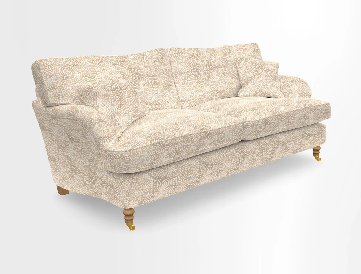 Alwinton 3 seater sofa in Ettas Stripe Moss with bolster cushion in Almost Plain Velvet Harvest