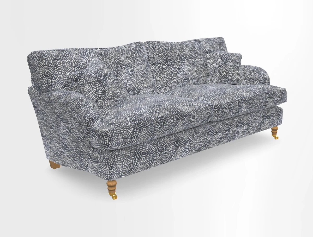 Alwinton 3 seater sofa in Ettas Stripe Moss with bolster cushion in Almost Plain Velvet Harvest