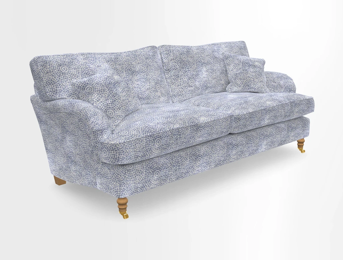 Alwinton 3 seater sofa in Ettas Stripe Moss with bolster cushion in Almost Plain Velvet Harvest