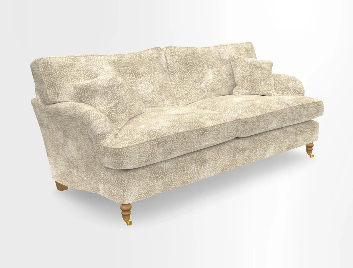 Alwinton 3 seater sofa in Ettas Stripe Moss with bolster cushion in Almost Plain Velvet Harvest