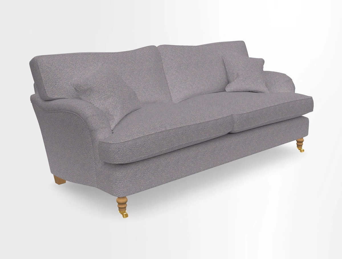 Alwinton 3 seater sofa in Ettas Stripe Moss with bolster cushion in Almost Plain Velvet Harvest