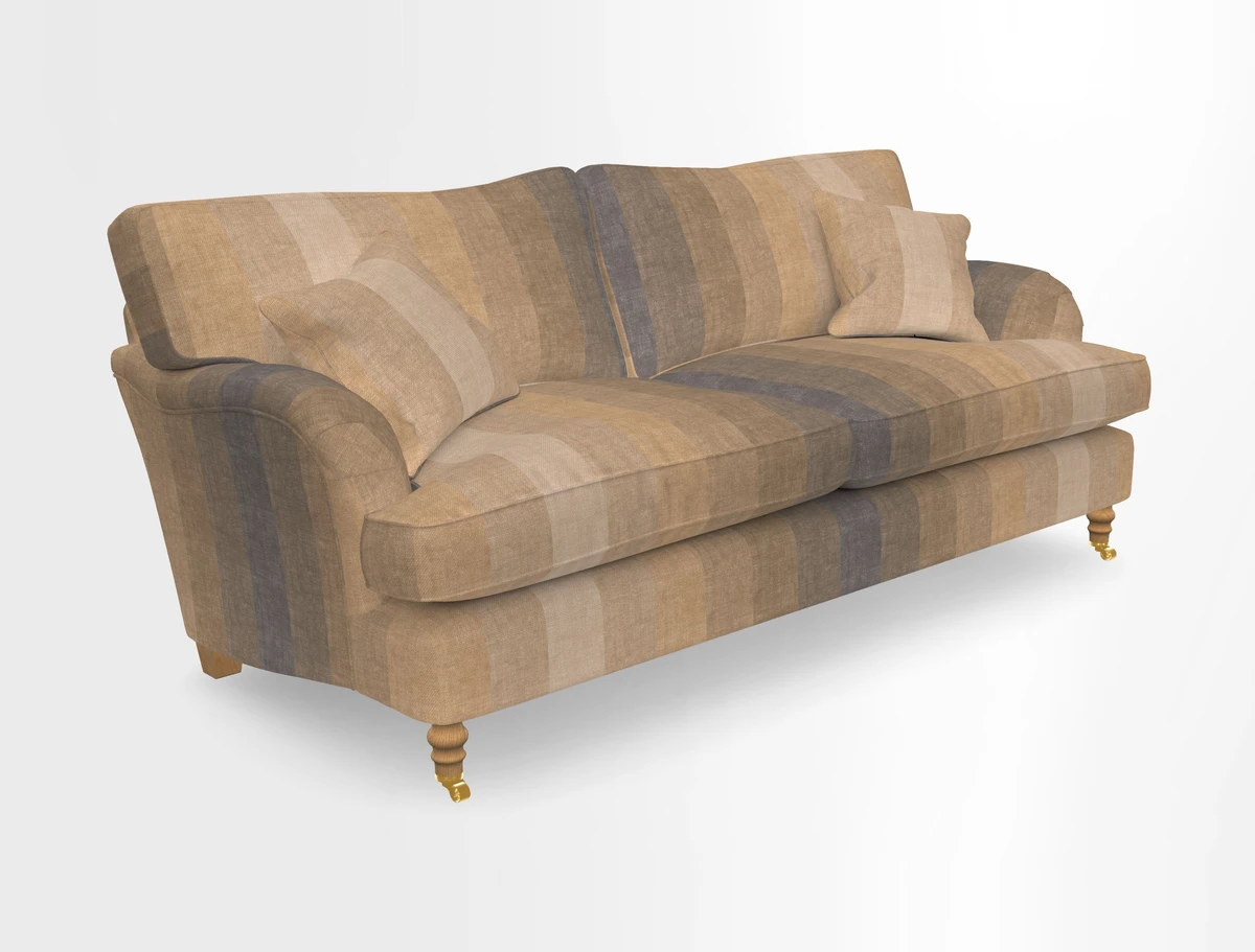 Alwinton 3 seater sofa in Ettas Stripe Moss with bolster cushion in Almost Plain Velvet Harvest