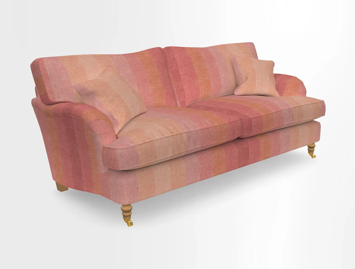 Alwinton 3 seater sofa in Ettas Stripe Moss with bolster cushion in Almost Plain Velvet Harvest