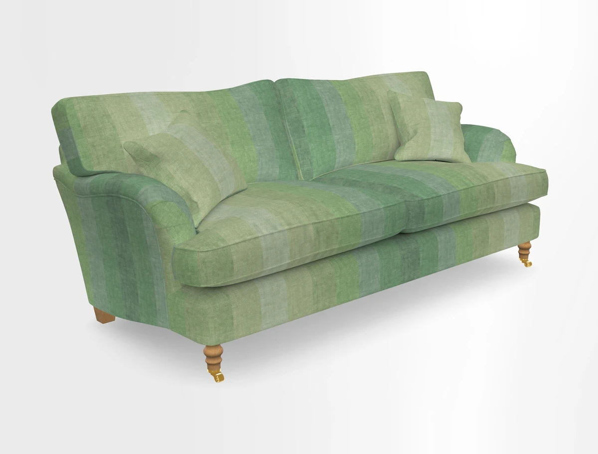 Alwinton 3 seater sofa in Ettas Stripe Moss with bolster cushion in Almost Plain Velvet Harvest