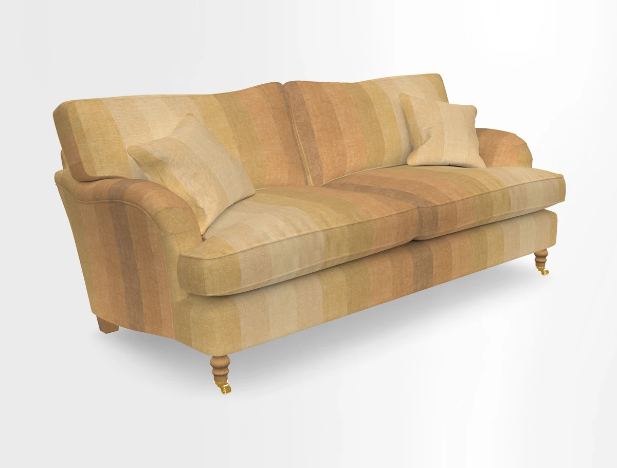 Alwinton 3 seater sofa in Ettas Stripe Moss with bolster cushion in Almost Plain Velvet Harvest
