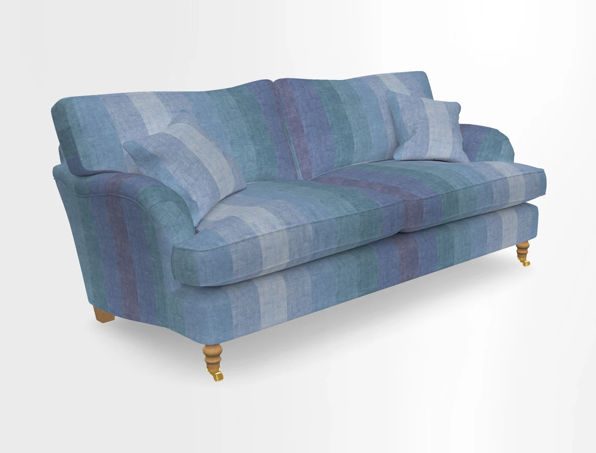 Alwinton 3 seater sofa in Ettas Stripe Moss with bolster cushion in Almost Plain Velvet Harvest