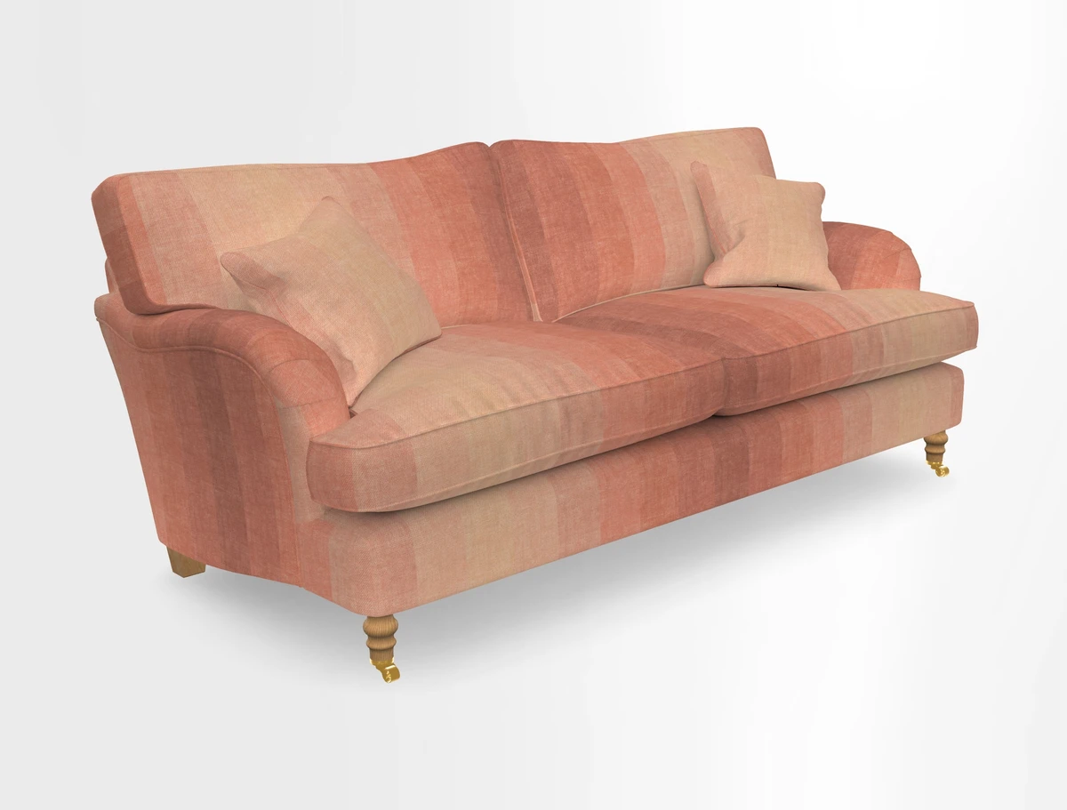 Alwinton 3 seater sofa in Ettas Stripe Moss with bolster cushion in Almost Plain Velvet Harvest