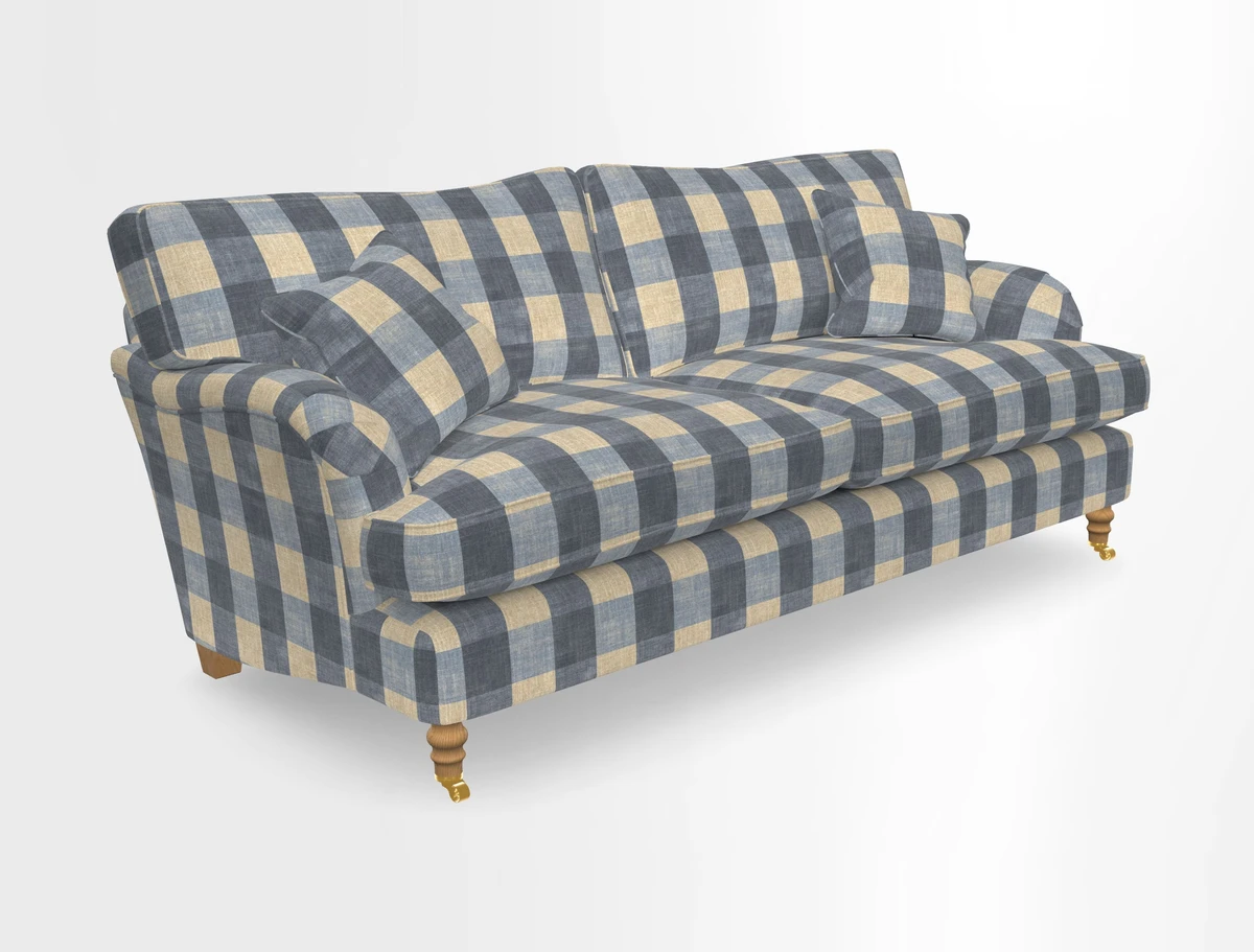 Alwinton 3 seater sofa in Ettas Stripe Moss with bolster cushion in Almost Plain Velvet Harvest
