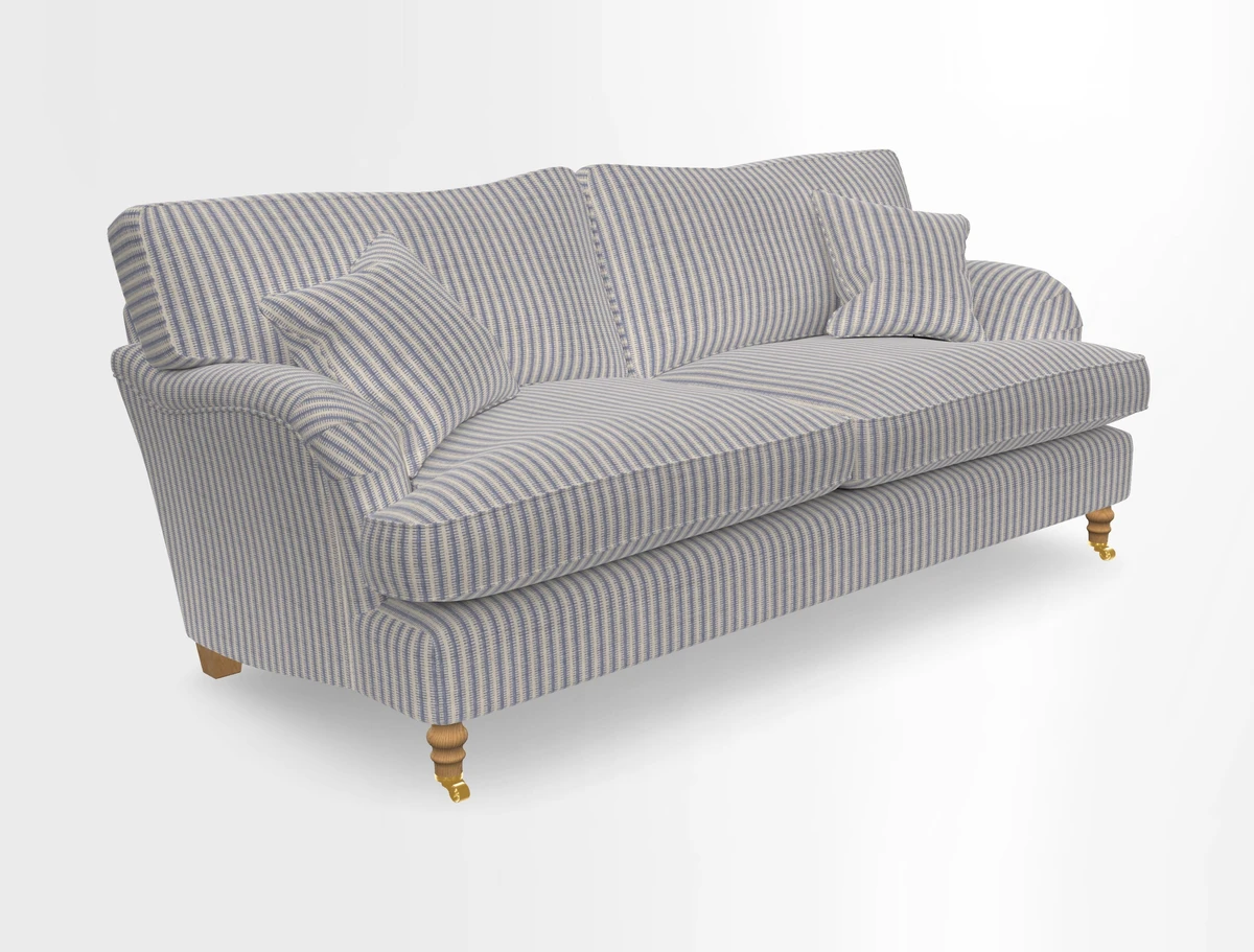 Alwinton 3 seater sofa in Ettas Stripe Moss with bolster cushion in Almost Plain Velvet Harvest