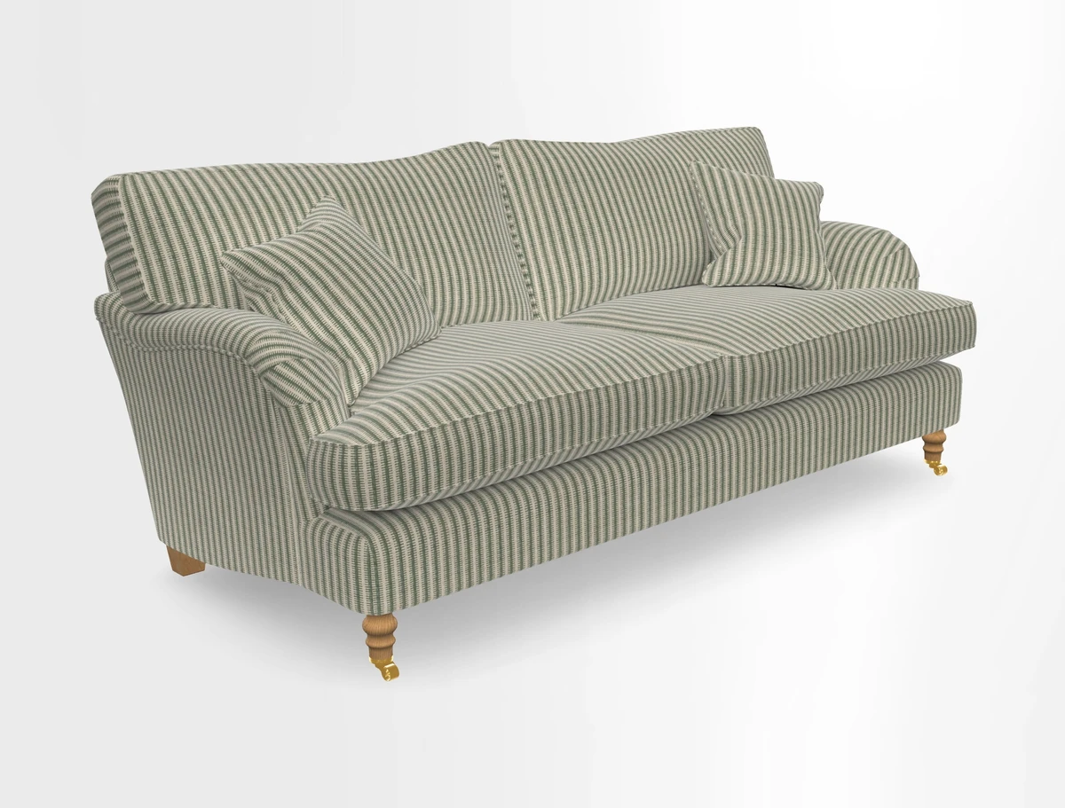 Alwinton 3 seater sofa in Ettas Stripe Moss with bolster cushion in Almost Plain Velvet Harvest