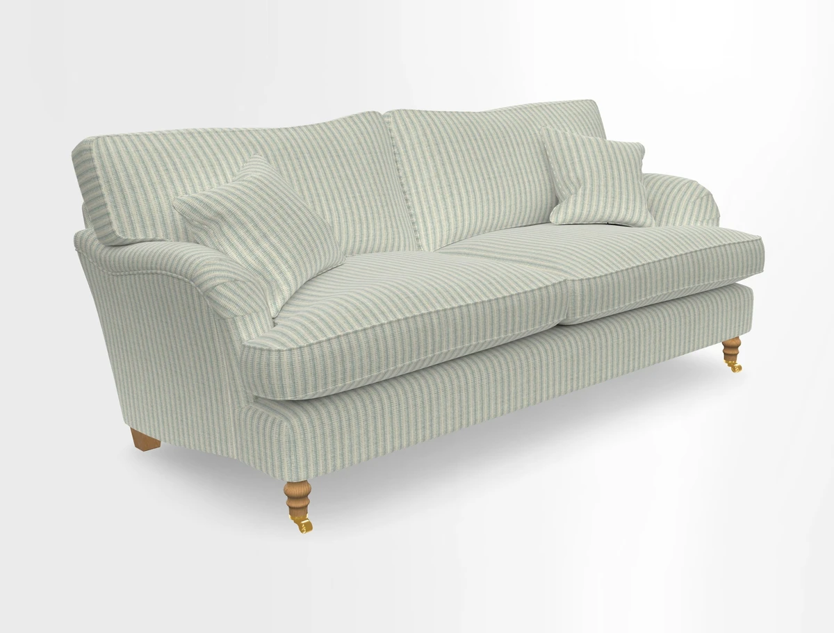 Alwinton 3 seater sofa in Ettas Stripe Moss with bolster cushion in Almost Plain Velvet Harvest
