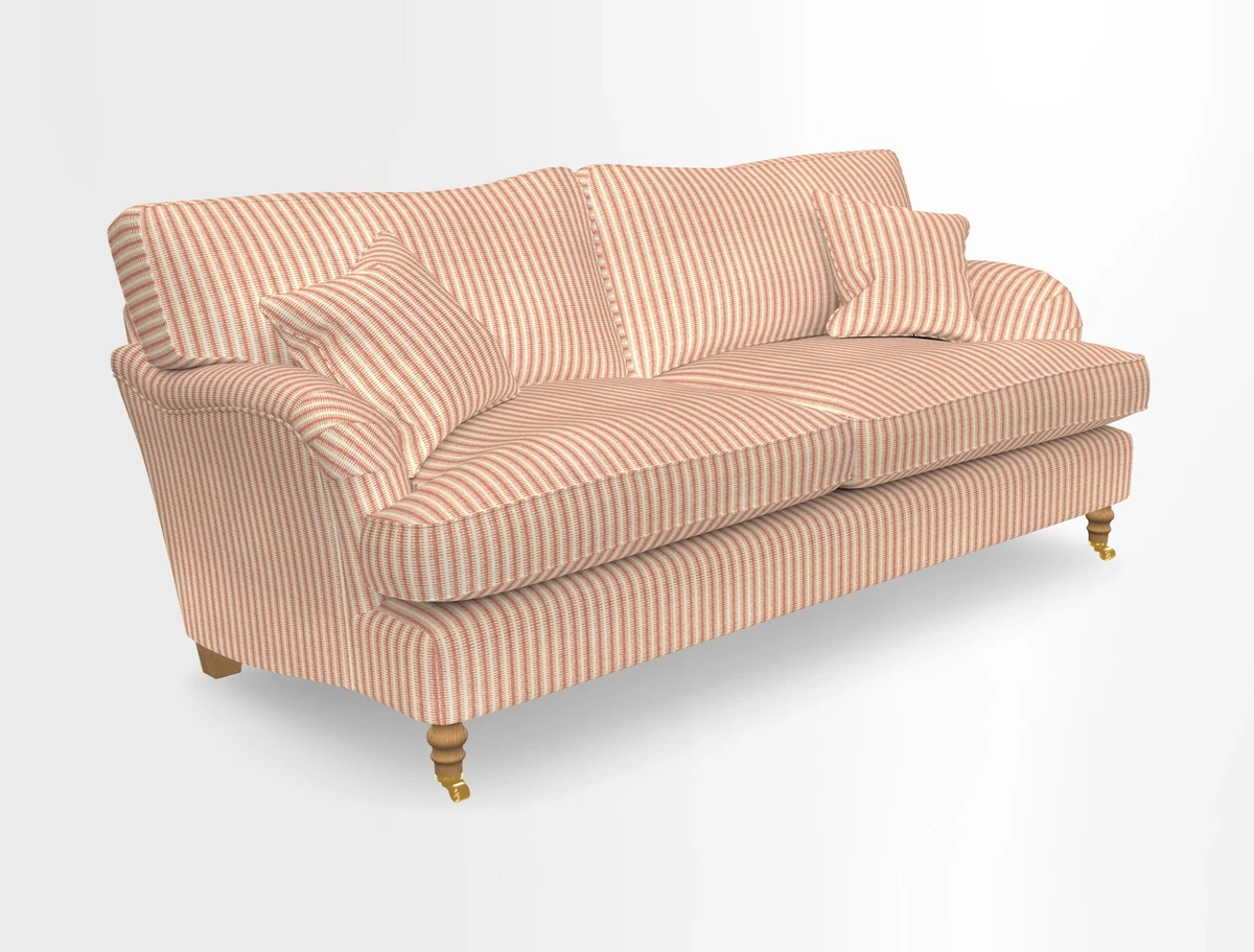 Alwinton 3 seater sofa in Ettas Stripe Moss with bolster cushion in Almost Plain Velvet Harvest