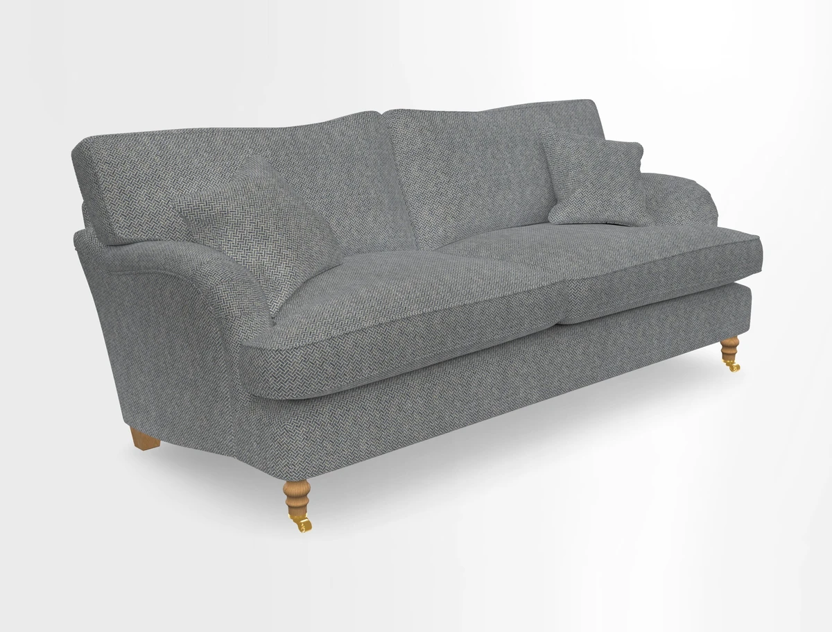 Alwinton 3 seater sofa in Ettas Stripe Moss with bolster cushion in Almost Plain Velvet Harvest