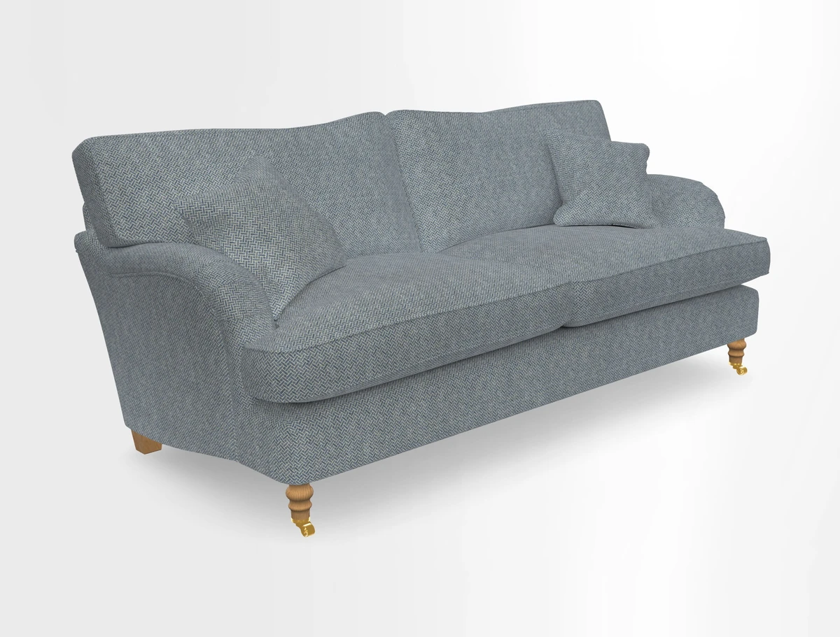 Alwinton 3 seater sofa in Ettas Stripe Moss with bolster cushion in Almost Plain Velvet Harvest