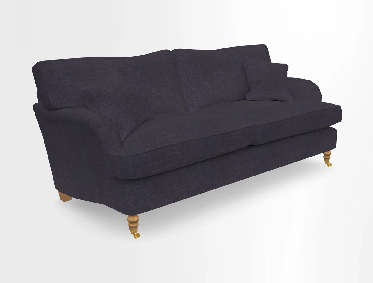 Alwinton 3 seater sofa in Ettas Stripe Moss with bolster cushion in Almost Plain Velvet Harvest