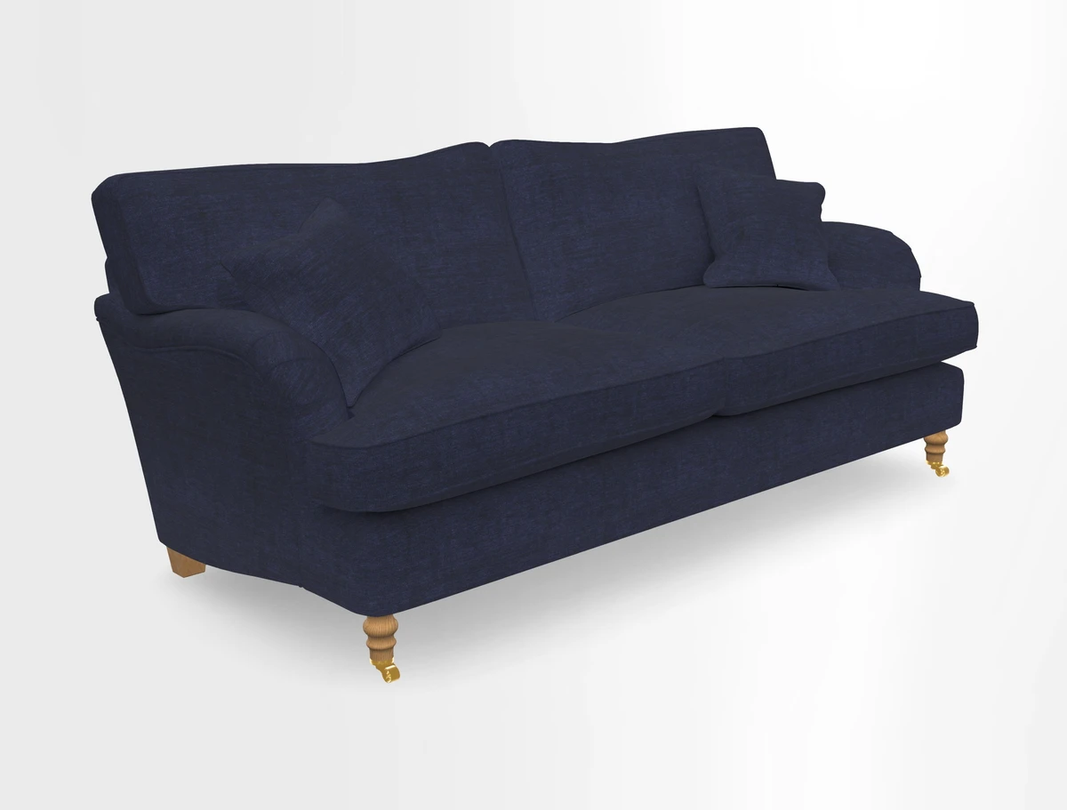Alwinton 3 seater sofa in Ettas Stripe Moss with bolster cushion in Almost Plain Velvet Harvest