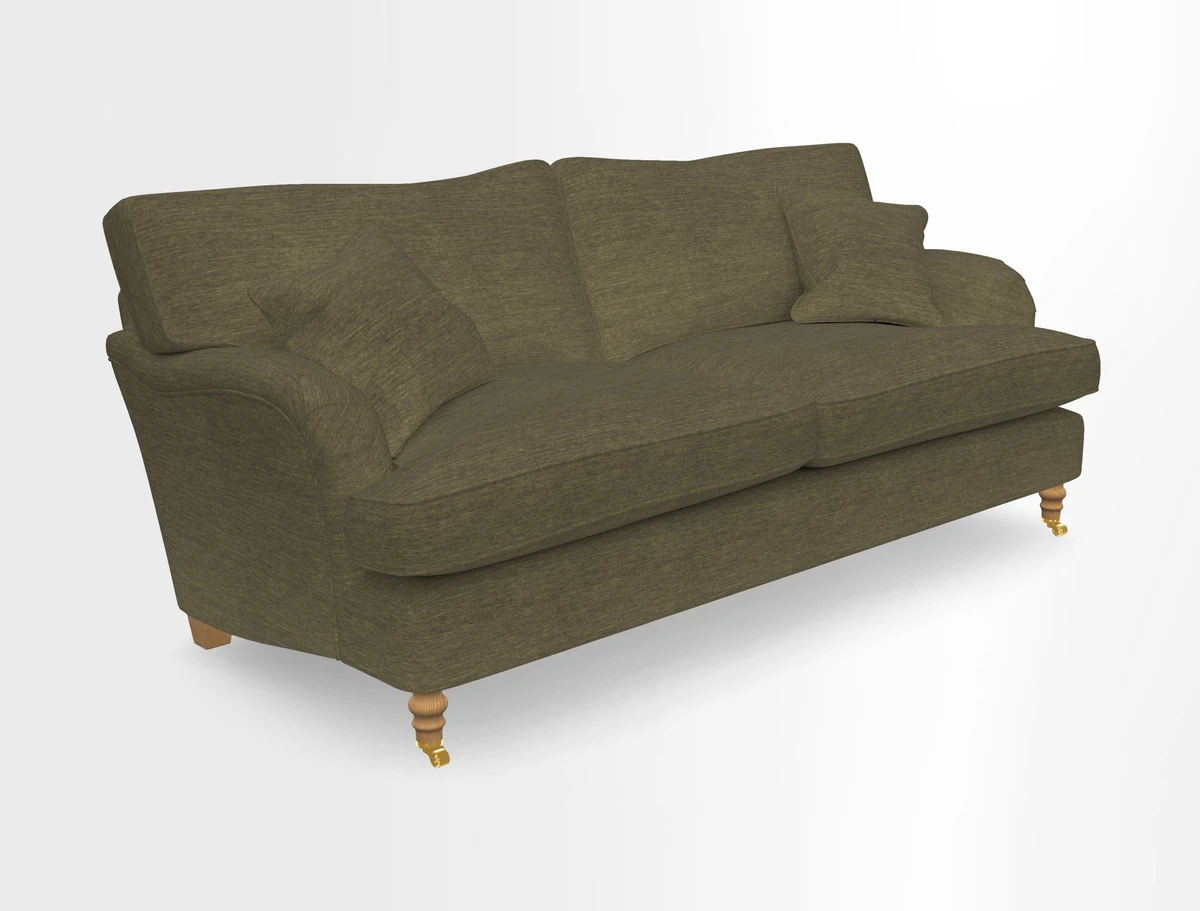 Alwinton 3 seater sofa in Ettas Stripe Moss with bolster cushion in Almost Plain Velvet Harvest