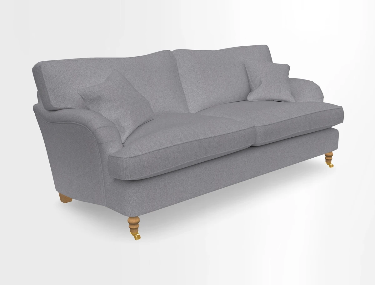 Alwinton 3 seater sofa in Ettas Stripe Moss with bolster cushion in Almost Plain Velvet Harvest